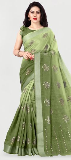 Green color Saree in Cotton fabric with Printed work