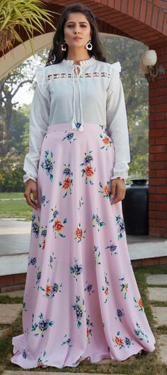 Pink and Majenta, White and Off White color Ready to Wear Lehenga in Cotton, Crepe Silk fabric with Floral, Printed work
