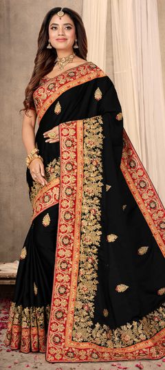 Traditional Black and Grey color Saree in Satin Silk, Silk fabric with South Embroidered, Resham, Thread, Zari work : 1692559