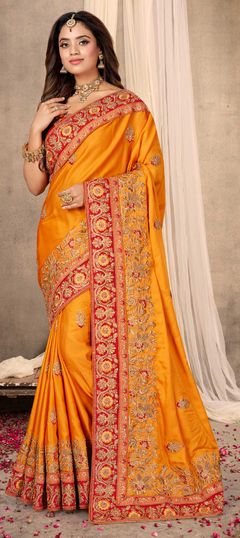 Yellow color Saree in Satin Silk, Silk fabric with Embroidered, Resham, Thread, Zari work