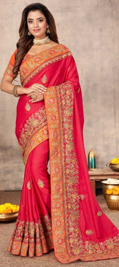 Traditional Pink and Majenta color Saree in Satin Silk, Silk fabric with South Embroidered, Resham, Thread, Zari work : 1692566