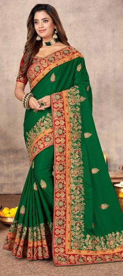 Traditional Green color Saree in Satin Silk, Silk fabric with South Embroidered, Resham, Thread, Zari work : 1692575