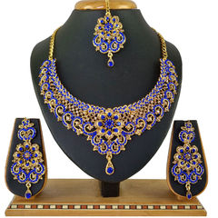 Blue, Gold color Necklace in Copper, Metal Alloy studded with CZ Diamond & Gold Rodium Polish : 1692785