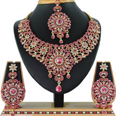 Pink and Majenta color Necklace in Copper, Metal Alloy studded with CZ Diamond & Gold Rodium Polish : 1692836