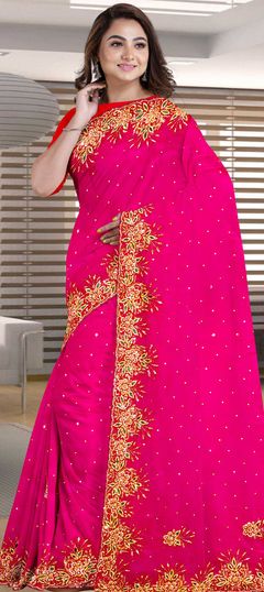 Pink and Majenta color Saree in Georgette fabric with Sequence, Stone work