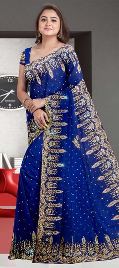 Blue color Saree in Georgette fabric with Sequence, Stone work