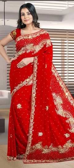 Red and Maroon color Saree in Georgette fabric with Stone work