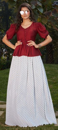 Red and Maroon, White and Off White color Tunic with Bottom in Silk cotton fabric with Printed work