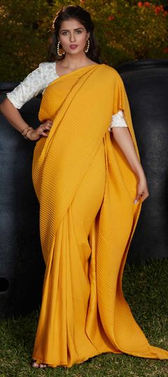 Yellow color Saree in Art Silk, Silk fabric with Thread work