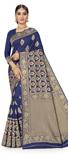 Blue color Saree in Art Silk, Silk fabric with Weaving work