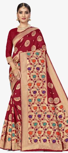 Red and Maroon color Saree in Art Silk, Silk fabric with Weaving work