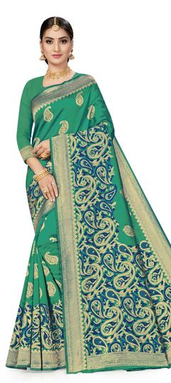 Green color Saree in Art Silk, Silk fabric with Weaving work