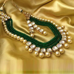 Gold Rodium Polish Green color Necklace in Metal Alloy studded with Kundan