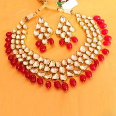 Gold Rodium Polish Red and Maroon color Necklace in Metal Alloy studded with Kundan