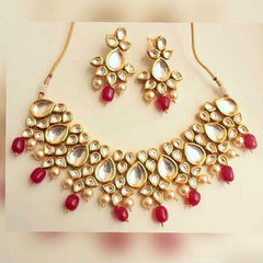 Gold Rodium Polish Red and Maroon color Necklace in Metal Alloy studded with Kundan