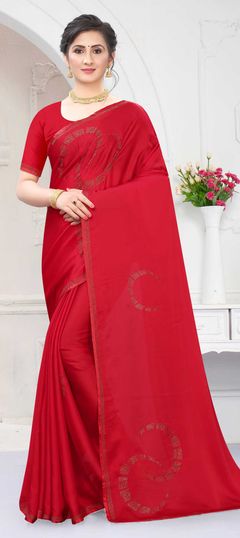 Red and Maroon color Saree in Satin Silk, Silk fabric with Stone work