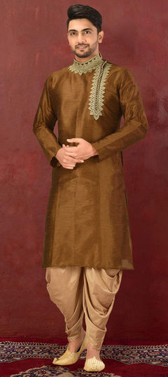 Beige and Brown color Dhoti Kurta in Dupion Silk fabric with Embroidered work