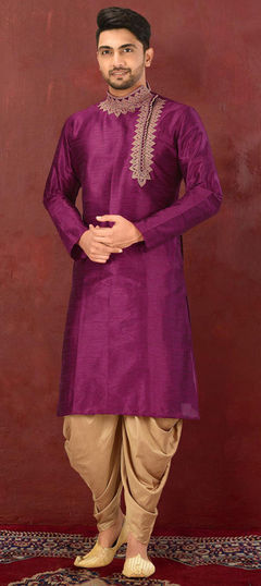 Purple and Violet color Dhoti Kurta in Dupion Silk fabric with Embroidered work