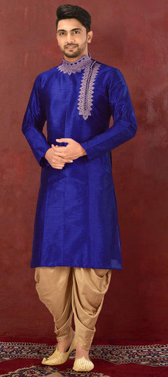 Blue color Dhoti Kurta in Dupion Silk fabric with Embroidered work