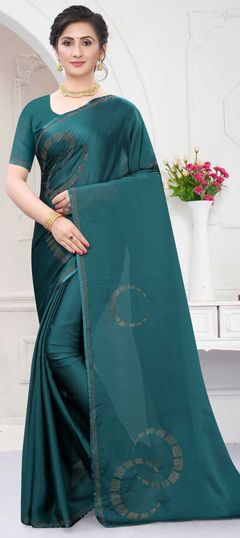 Blue color Saree in Satin Silk, Silk fabric with Stone work