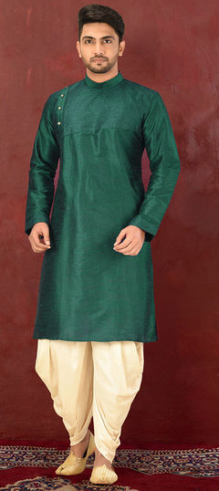 Green color Dhoti Kurta in Dupion Silk fabric with Thread work