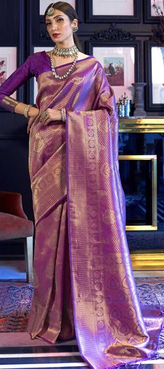 Gold, Purple and Violet color Saree in Art Silk, Silk fabric with Weaving work