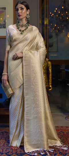 White and Off White color Saree in Art Silk, Silk fabric with Weaving work