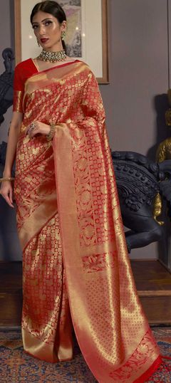 Gold, Red and Maroon color Saree in Art Silk, Silk fabric with Weaving work