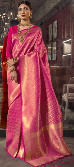 Pink and Majenta color Saree in Art Silk, Silk fabric with Weaving work