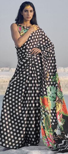 Casual, Traditional Black and Grey color Saree in Crepe Silk, Silk fabric with South Digital Print work : 1695554