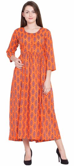 Orange color Kurti in Cotton fabric with Block Print work