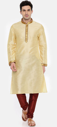 Beige and Brown color Kurta Pyjamas in Dupion Silk fabric with Lace work