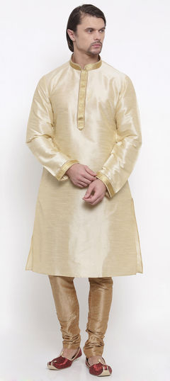 Beige and Brown color Kurta Pyjamas in Dupion Silk fabric with Lace work