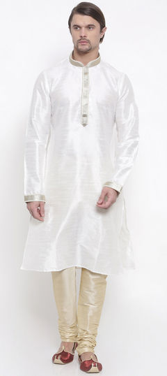 White and Off White color Kurta Pyjamas in Dupion Silk fabric with Lace work