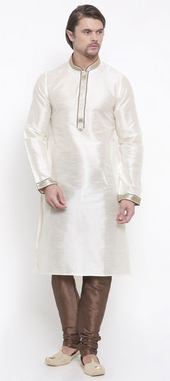 White and Off White color Kurta Pyjamas in Dupion Silk fabric with Lace work