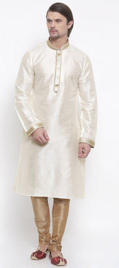 White and Off White color Kurta Pyjamas in Dupion Silk fabric with Lace work