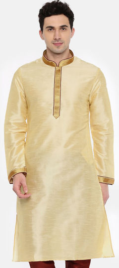 Beige and Brown color Kurta in Dupion Silk fabric with Lace work