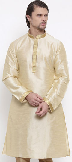 Beige and Brown color Kurta in Dupion Silk fabric with Lace work