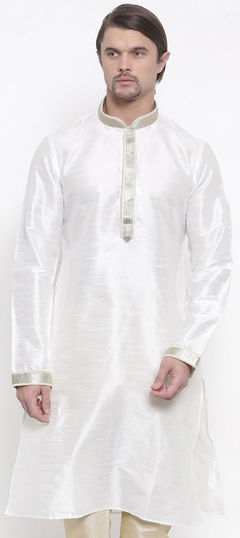 White and Off White color Kurta in Dupion Silk fabric with Lace work