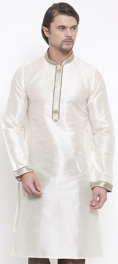 White and Off White color Kurta in Dupion Silk fabric with Lace work