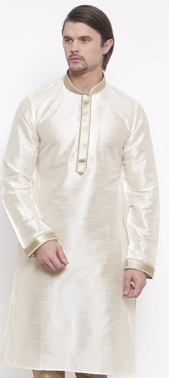 White and Off White color Kurta in Dupion Silk fabric with Lace work