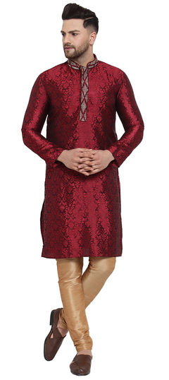 Red and Maroon color Kurta Pyjamas in Jacquard fabric with Embroidered work