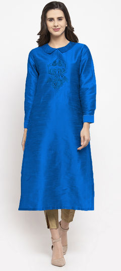 Blue color Tunic with Bottom in Dupion Silk fabric with Embroidered, Resham, Thread work