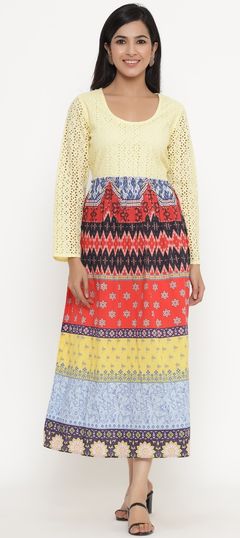 Party Wear Multicolor color Dress in Cotton fabric with Embroidered, Printed, Thread work : 1696346