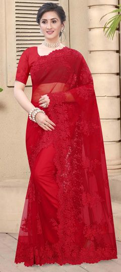 Engagement, Festive, Party Wear Red and Maroon color Saree in Net fabric with Classic Embroidered, Moti, Resham, Stone, Thread work : 1696372