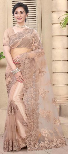 Engagement, Festive, Party Wear Pink and Majenta color Saree in Net fabric with Classic Embroidered, Moti, Resham, Stone, Thread work : 1696379