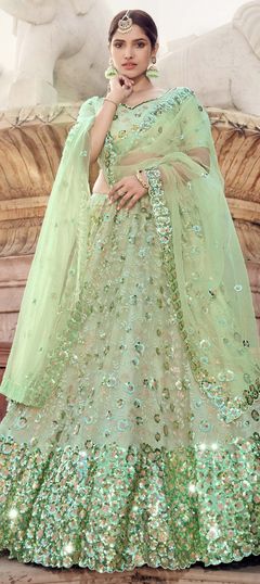 Green color Lehenga in Net fabric with Sequence, Thread work