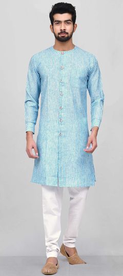 Blue color Kurta Pyjamas in Cotton fabric with Printed work