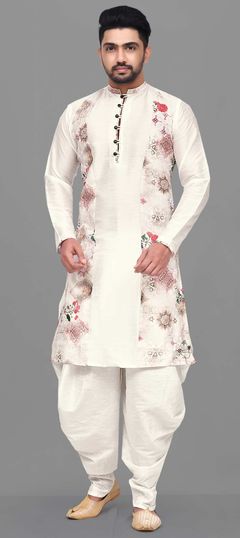 White and Off White color Dhoti Kurta in Dupion Silk fabric with Printed work