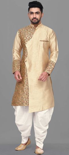 Beige and Brown color Dhoti Kurta in Dupion Silk fabric with Printed work